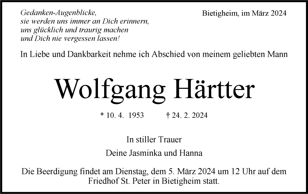 Traueranzeigen von Wolfgang Härtter Traueranzeigen LB de