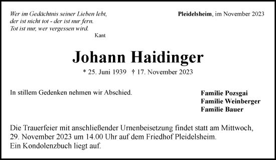 Traueranzeige von Johann Haidinger von BIETIGHEIMER ZEITUNG