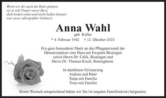 Traueranzeige von Anna Wahl von Bietigheimer Zeitung