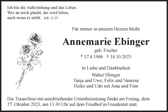 Traueranzeige von Annemarie Ebinger von Bietigheimer Zeitung