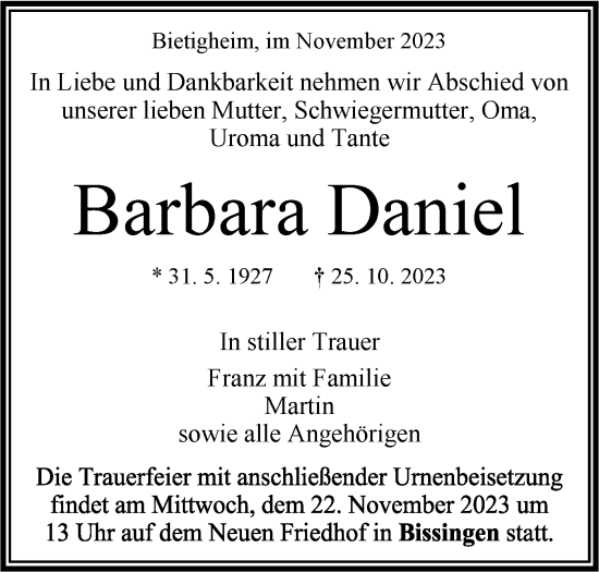 Traueranzeige von Barbara Daniel von Bietigheimer Zeitung