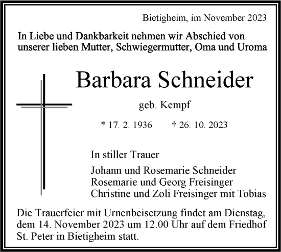 Traueranzeige von Barbara Schneider von Bietigheimer Zeitung