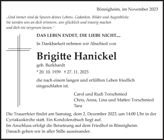 Traueranzeige von Brigitte Hanickel von Bietigheimer Zeitung