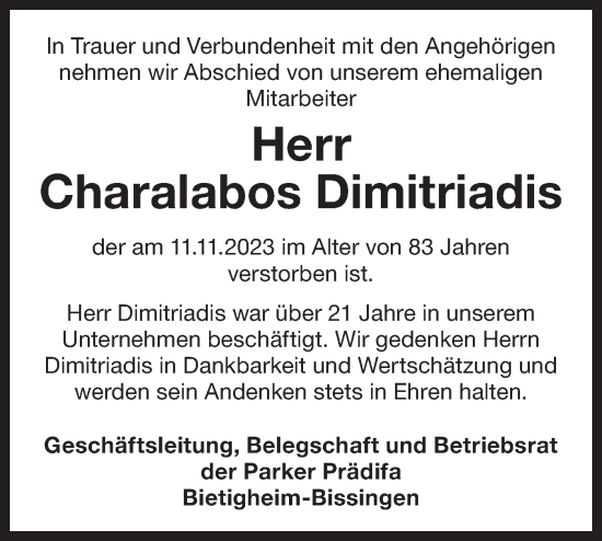 Traueranzeige von Charalabos Dimitriadis von Bietigheimer Zeitung