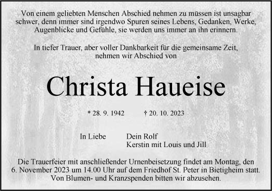 Traueranzeige von Christa Haueise von Bietigheimer Zeitung