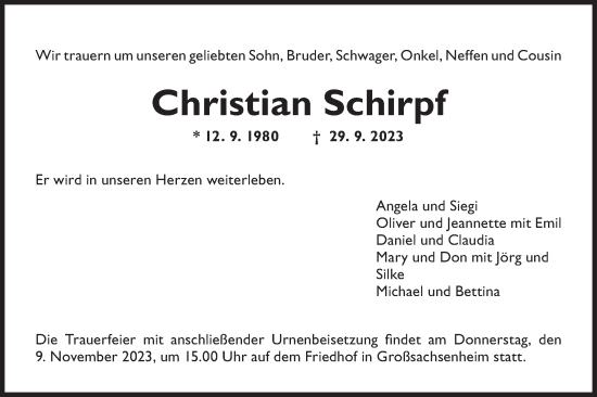 Traueranzeige von Christian Schirpf von Bietigheimer Zeitung