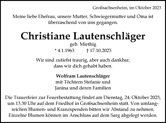 Traueranzeige von Christiane Lautenschläger von Bietigheimer Zeitung