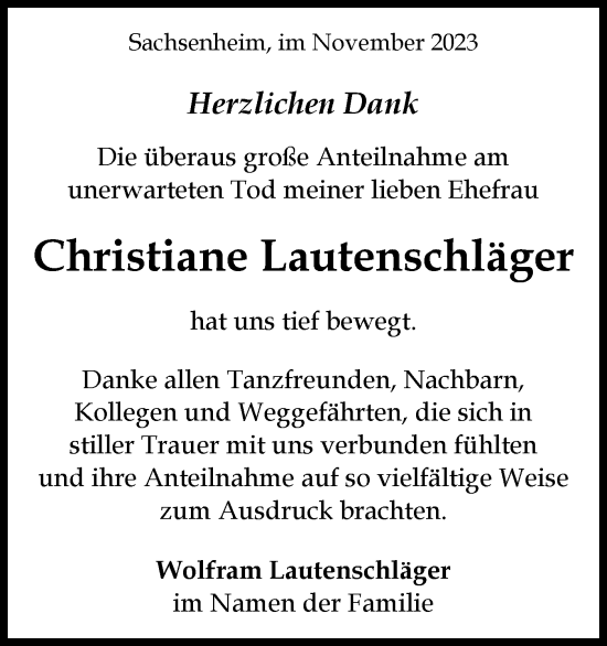 Traueranzeige von Christiane Lautenschläger von Bietigheimer Zeitung