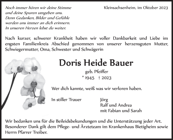 Traueranzeige von Doris  Bauer von Bietigheimer Zeitung