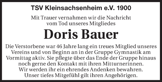 Traueranzeige von Doris Bauer von Bietigheimer Zeitung