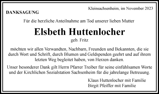 Traueranzeige von Elsbeth Huttenlocher von Bietigheimer Zeitung