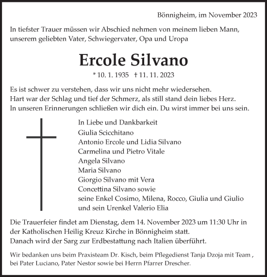 Traueranzeige von Ercole Silvano von Bietigheimer Zeitung