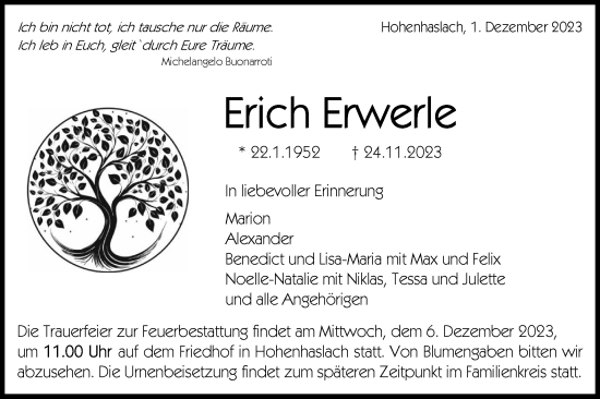 Traueranzeige von Erich Erwerle von Bietigheimer Zeitung