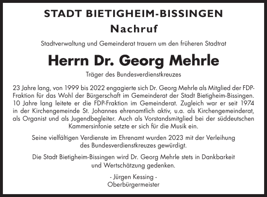 Traueranzeige von Georg Mehrle von Bietigheimer Zeitung