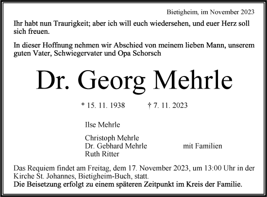 Traueranzeige von Georg Mehrle von Bietigheimer Zeitung