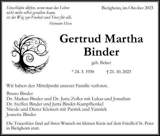 Traueranzeige von Gertrud Martha Binder von Bietigheimer Zeitung