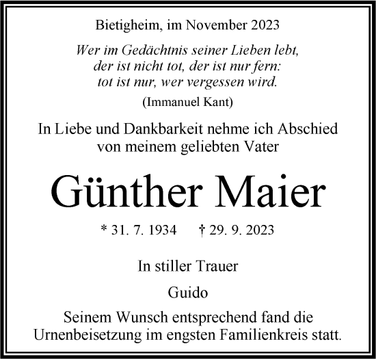 Traueranzeige von Günther Maier von Bietigheimer Zeitung