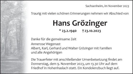 Traueranzeige von Hans Grözinger von Bietigheimer Zeitung