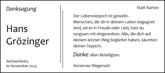 Traueranzeige von Hans Grözinger von Bietigheimer Zeitung