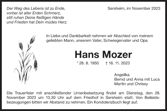 Traueranzeige von Hans Mozer von Bietigheimer Zeitung