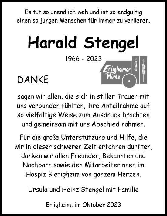 Traueranzeige von Harald Stengel von Bietigheimer Zeitung