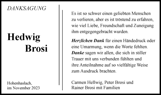 Traueranzeige von Hedwig Brosi von Bietigheimer Zeitung