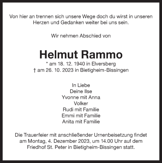 Traueranzeige von Helmut Rammo von Bietigheimer Zeitung