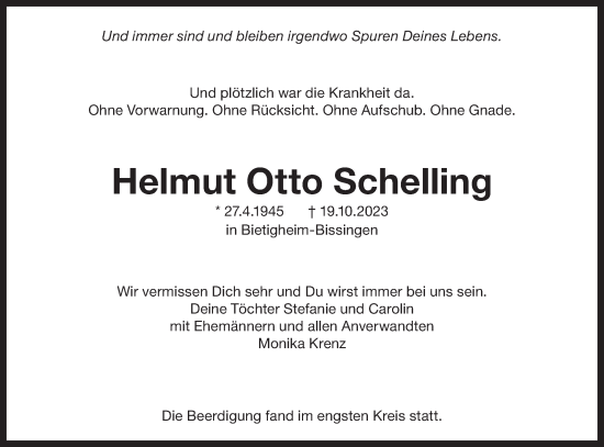 Traueranzeige von Helmut Otto Schelling von Bietigheimer Zeitung