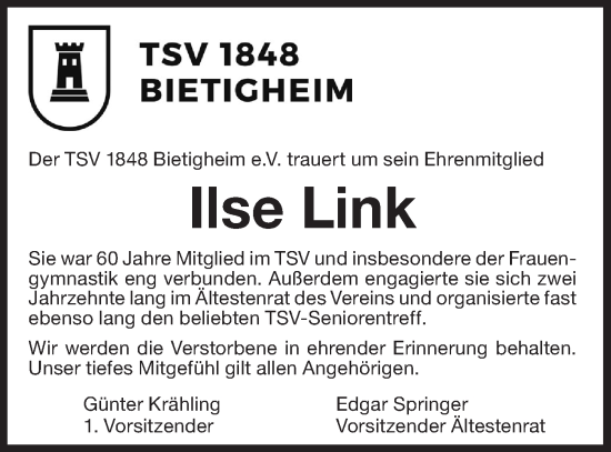 Traueranzeige von Ilse Link von Bietigheimer Zeitung