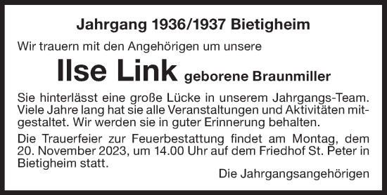 Traueranzeige von Ilse Link von Bietigheimer Zeitung