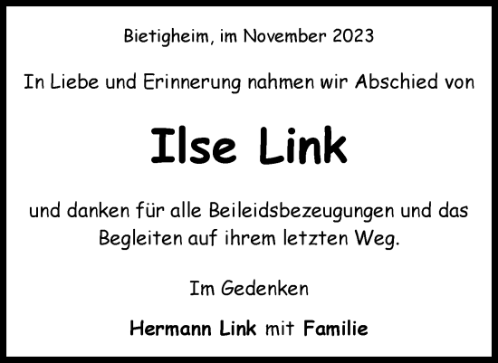 Traueranzeige von Ilse Link von Bietigheimer Zeitung