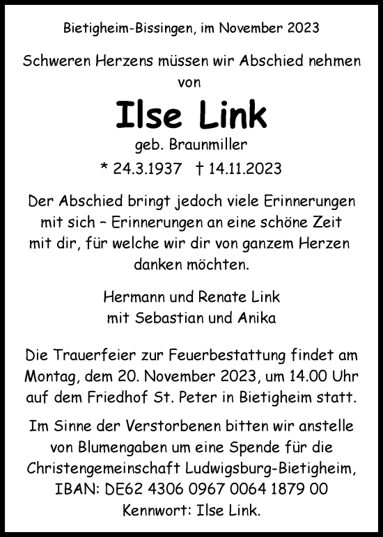 Traueranzeige von Ilse Link von Bietigheimer Zeitung