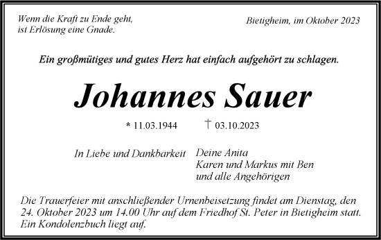 Traueranzeige von Johannes Sauer von Bietigheimer Zeitung