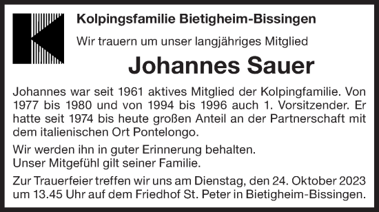 Traueranzeige von Johannes Sauer von Bietigheimer Zeitung