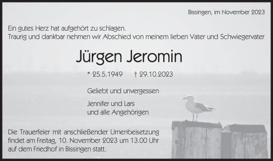 Traueranzeige von Jürgen Jeromin von Bietigheimer Zeitung