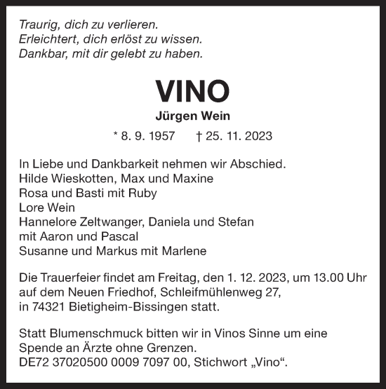 Traueranzeige von Jürgen Wein von Bietigheimer Zeitung