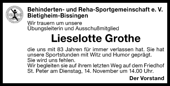 Traueranzeige von Lieselotte Grothe von Bietigheimer Zeitung