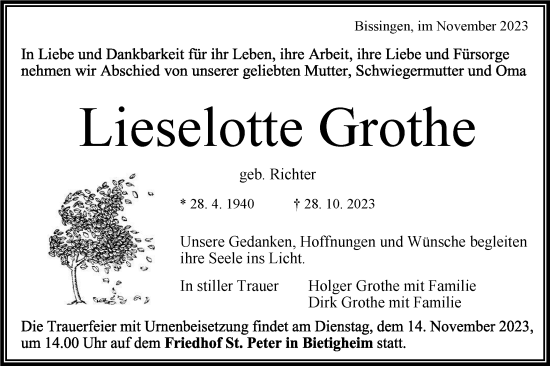 Traueranzeige von Lieselotte Grothe von Bietigheimer Zeitung