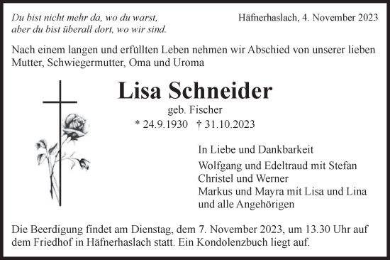 Traueranzeige von Lisa Schneider von Bietigheimer Zeitung