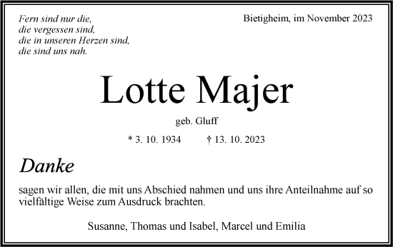 Traueranzeige von Lotte Majer von Bietigheimer Zeitung