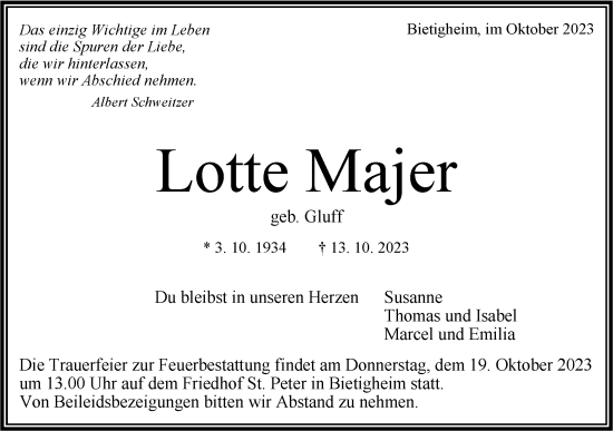 Traueranzeige von Lotte Majer von Bietigheimer Zeitung