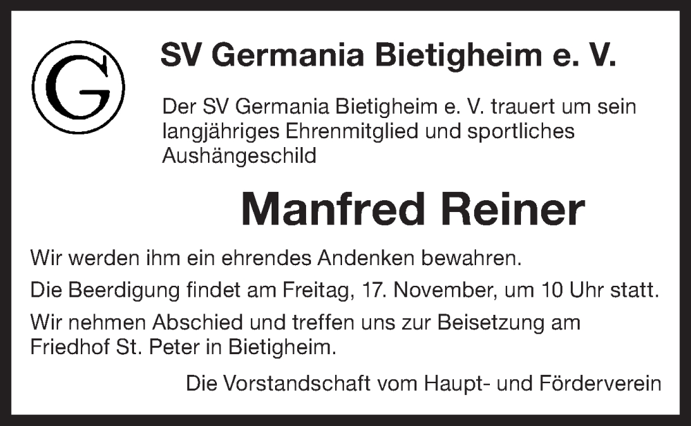  Traueranzeige für Manfred Reiner vom 04.11.2023 aus Bietigheimer Zeitung