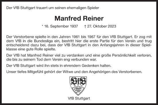 Traueranzeige von Manfred Reiner von Bietigheimer Zeitung