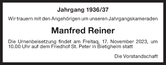 Traueranzeige von Manfred Reiner von Bietigheimer Zeitung