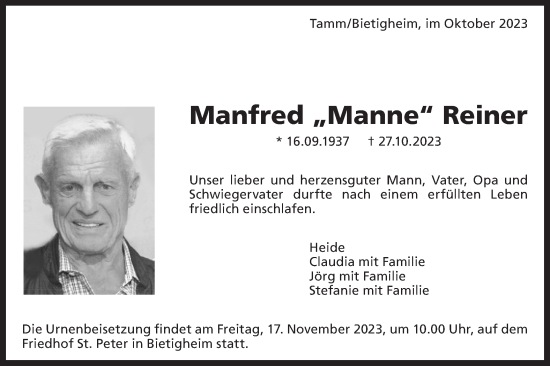 Traueranzeige von Manfred Reiner von Bietigheimer Zeitung