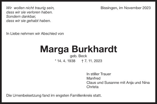 Traueranzeige von Marga Burkhardt von Bietigheimer Zeitung