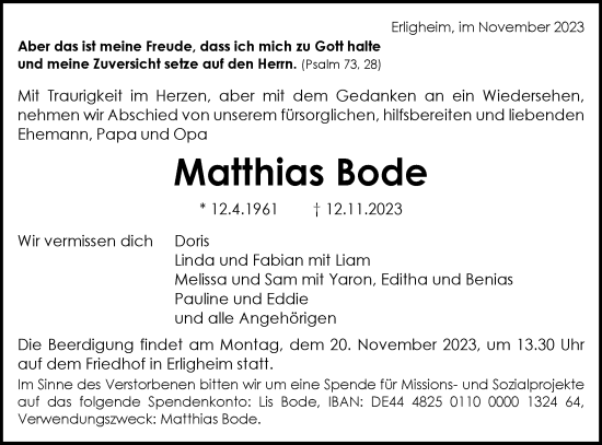 Traueranzeige von Matthias Bode von Bietigheimer Zeitung