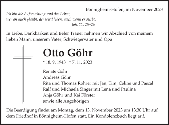 Traueranzeige von Otto Göhr von Bietigheimer Zeitung