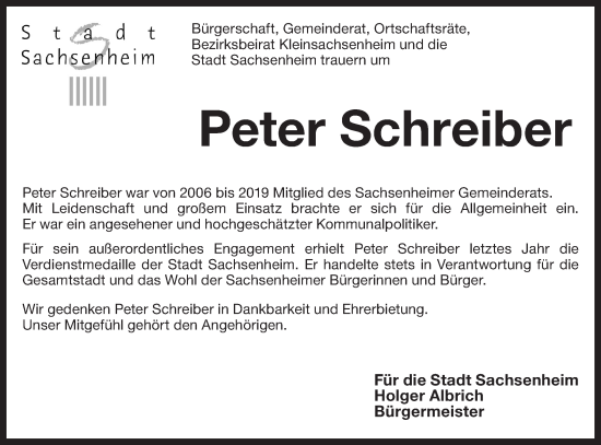 Traueranzeige von Peter Schreiber von Bietigheimer Zeitung