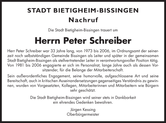 Traueranzeige von Peter Schreiber von Bietigheimer Zeitung